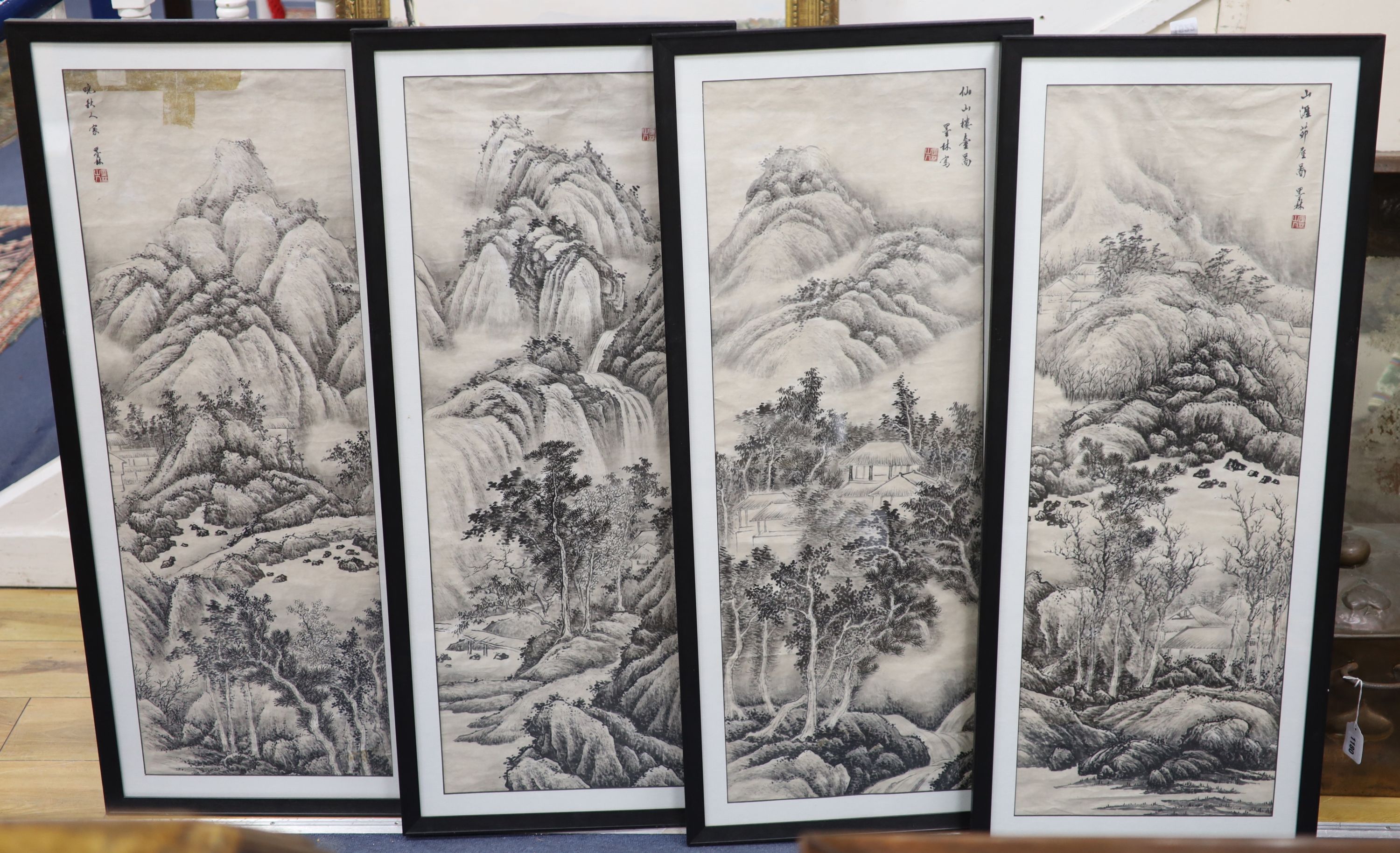 Chinese School, four monochrome watercolours on paper, Mountain landscapes, 93 x 33cm